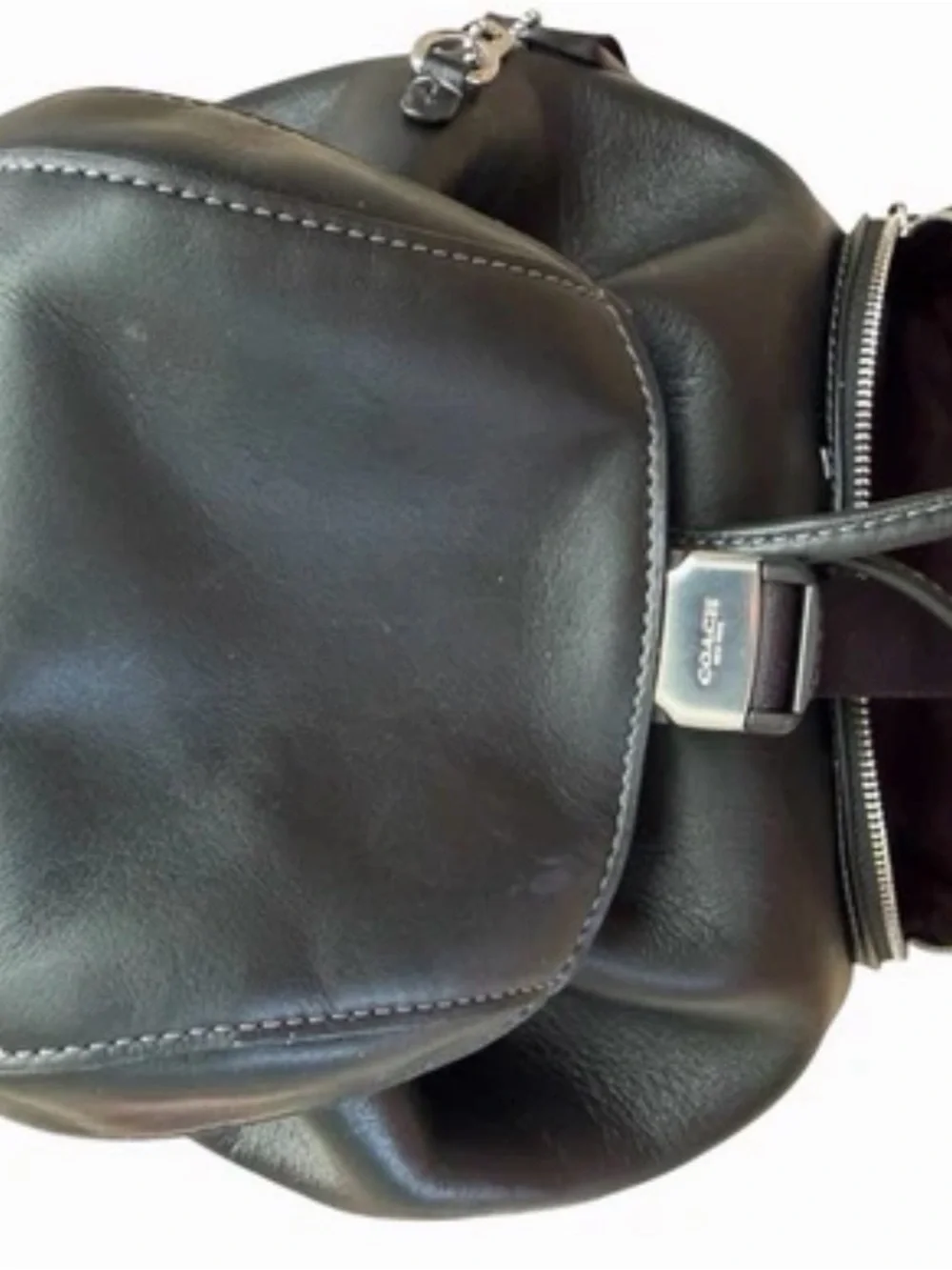 Coach Black Leather Drawstring Backpack with Front Zip Compartment